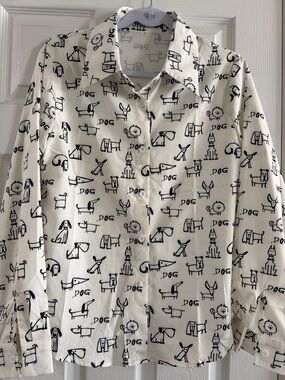 Women’s White Button-Up Shirt with Black Dog Print